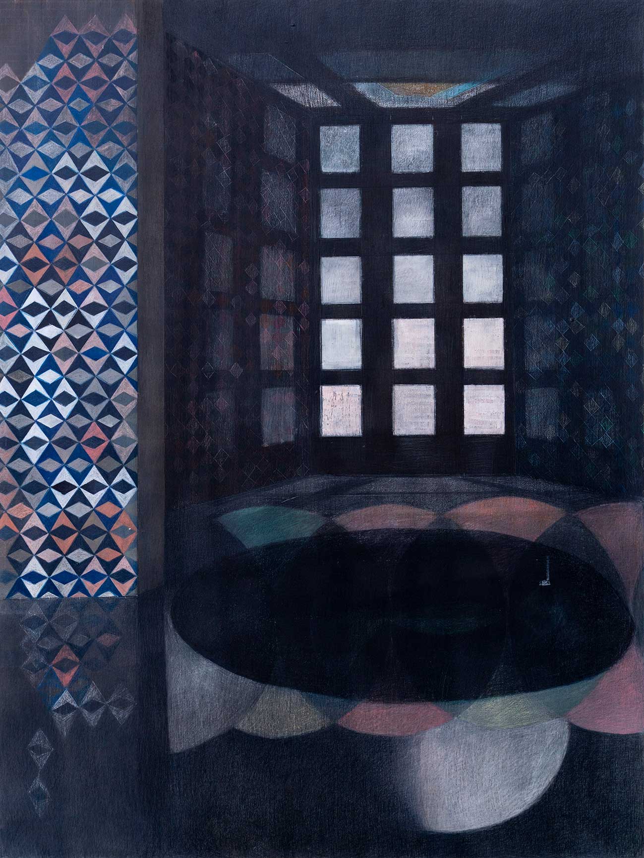 Maren Schimmer, 2019, „Die Institution“, 120 x 90 cm, Buntstift, Aquarellfarbe, Tusche und Deckweiß auf Holz, Foto: Miguel Hahn