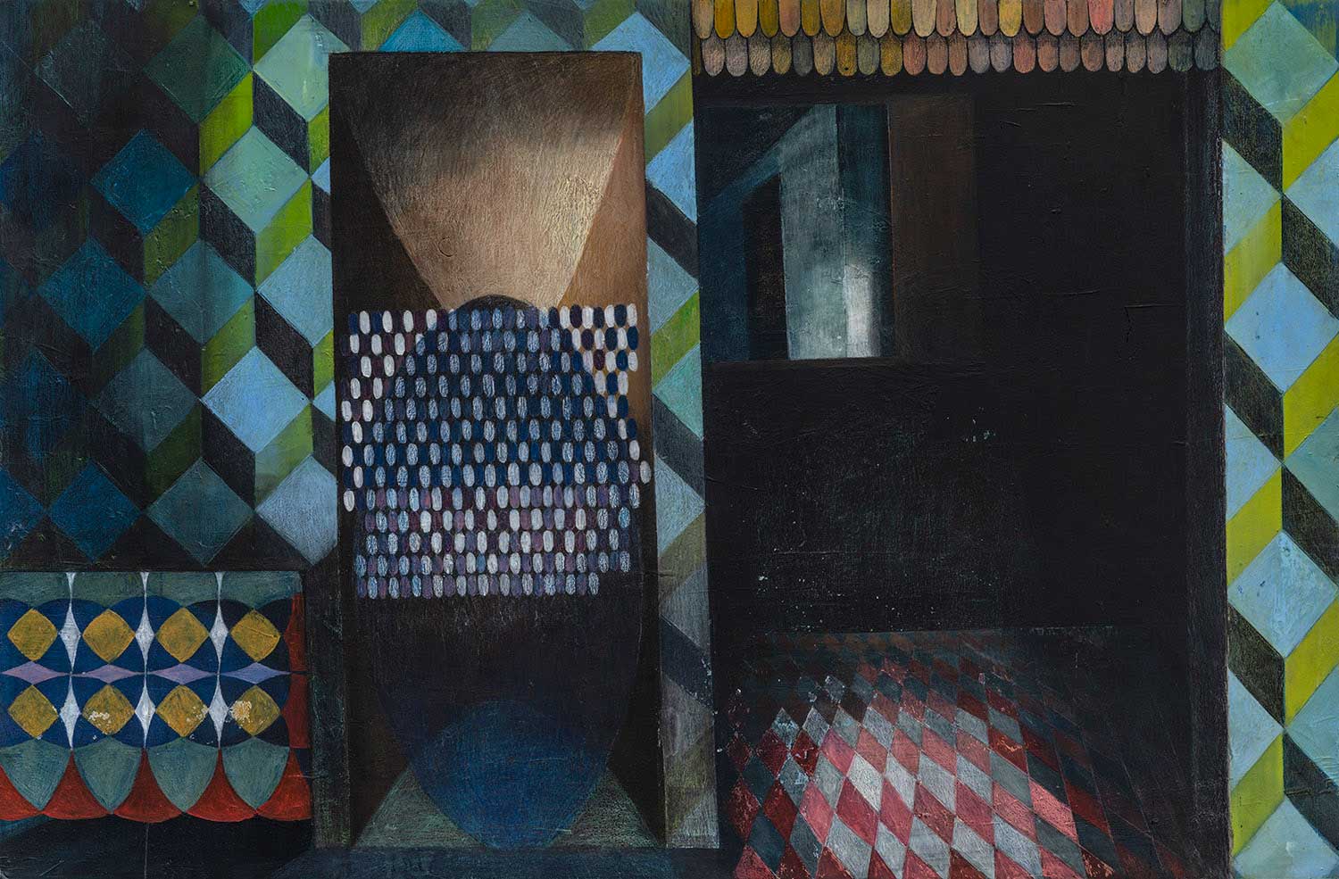 Maren Schimmer, 2021, „Sperrstunde im Eldorado“, 80 x 123 cm, Buntstift und Ölfarbe auf Holz, Foto Helge Mundt