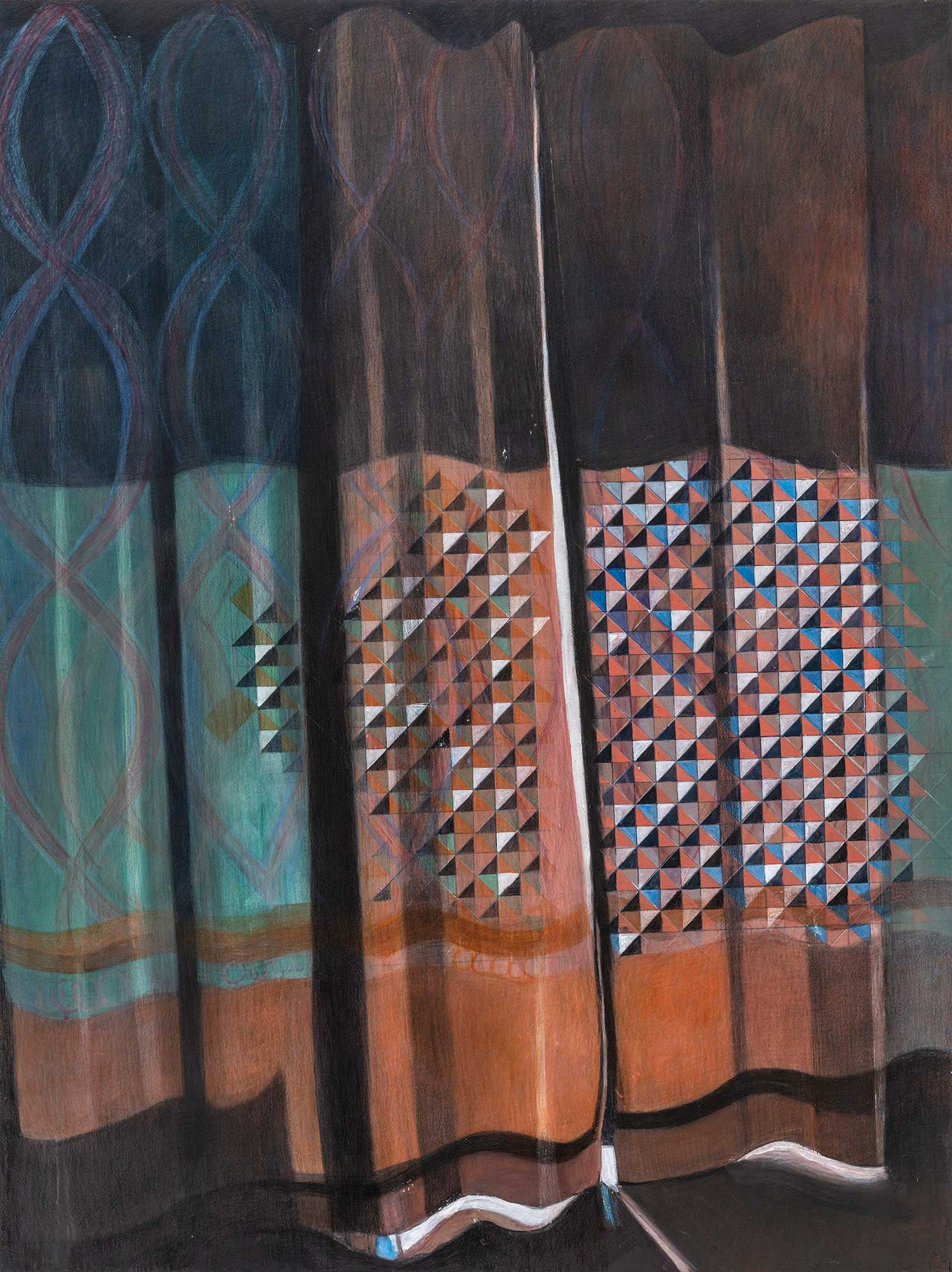 Maren Schimmer, 2022, „Waiting“, 120 x 90 cm, Buntstift und Ölfarbe auf Holz, Foto Helge Mundt