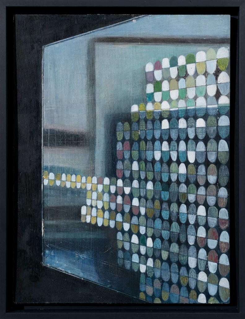 Maren Schimmer, 2021, „Das Eismeer durch Strukturglas“, 40 x 30 cm, Buntstift und Ölfarbe auf Holz, Foto Miguel Hahn